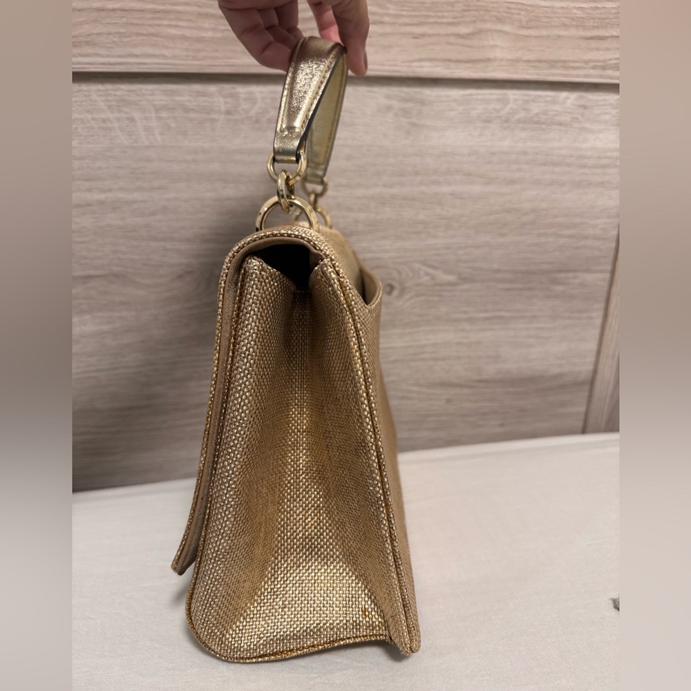 Jimmy Choo Crystal Madeline Gold Woven Raffia Top Handle Bag - Picture 5 of 13